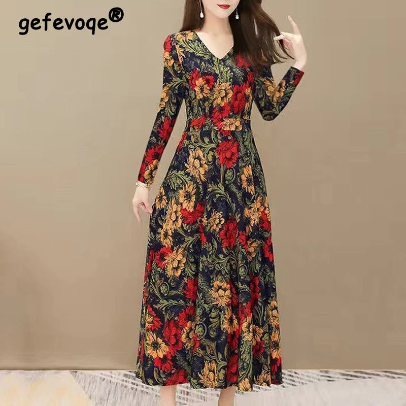 Women Vintage Ethnic Style Floral Print Slim Party Dresses Autumn Fashion V Neck High Waist Elegant Maxi Dress Long Sleeve Robe