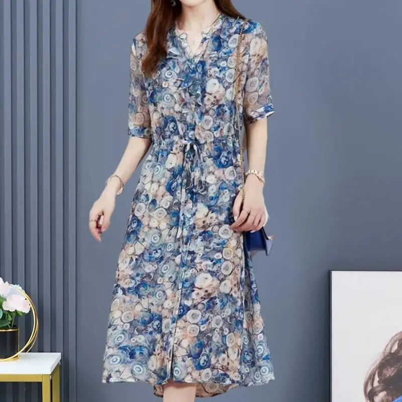 Summer Women's 2024 V Neck Patchwork Print Fashion Slim Fit Sashes Ruffles Elegant All Match Office Lady Short Sleeved Dresses