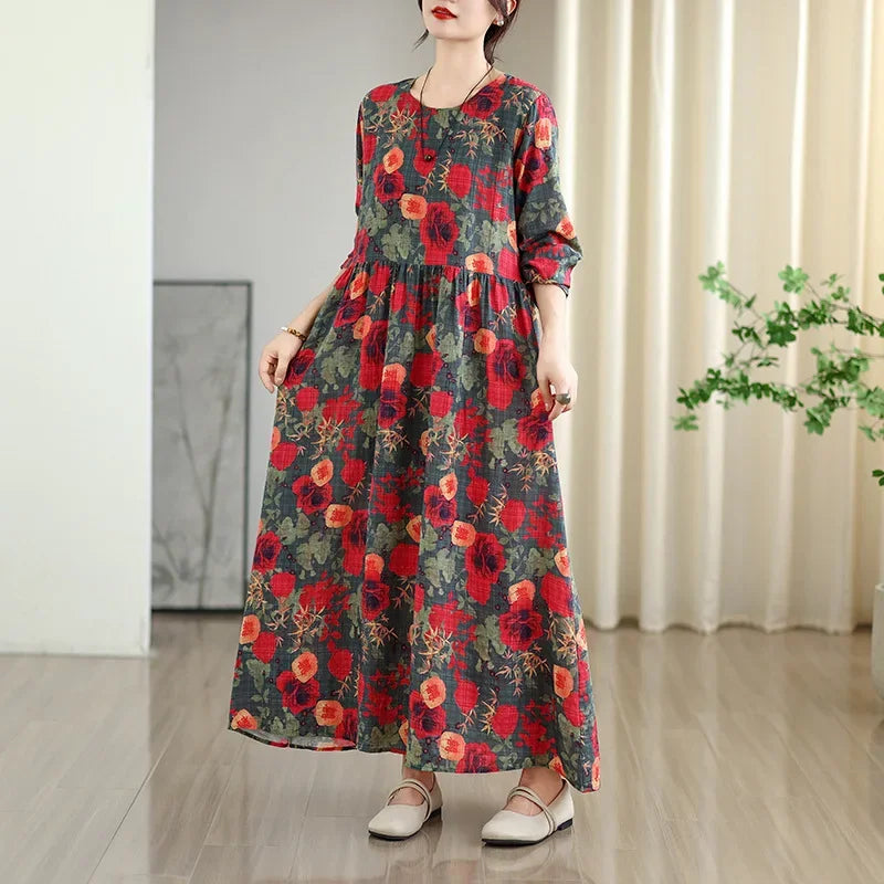 Large Size Autumn New Retro Gentle Vacation Cotton Linen Print Maxi Dress Full Sleeve round Neck Loose Waist Ankle Length