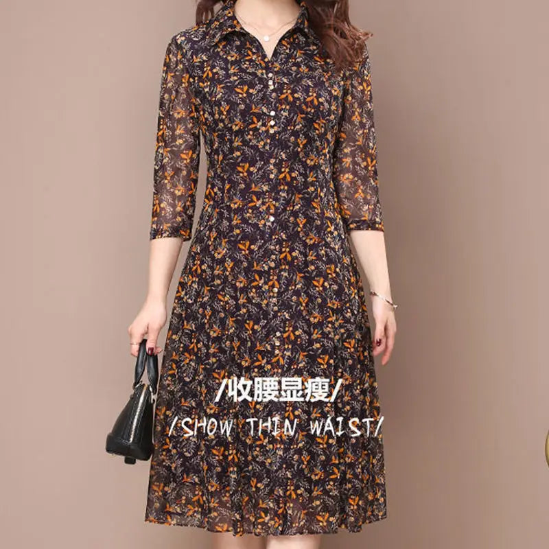 Long Sleeve Dress Women Floral Print Elegant Turndown Collar Summer Female Clothing Slim All-match Casual Button Midi Dress Robe