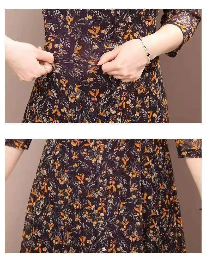Long Sleeve Dress Women Floral Print Elegant Turndown Collar Summer Female Clothing Slim All-match Casual Button Midi Dress Robe