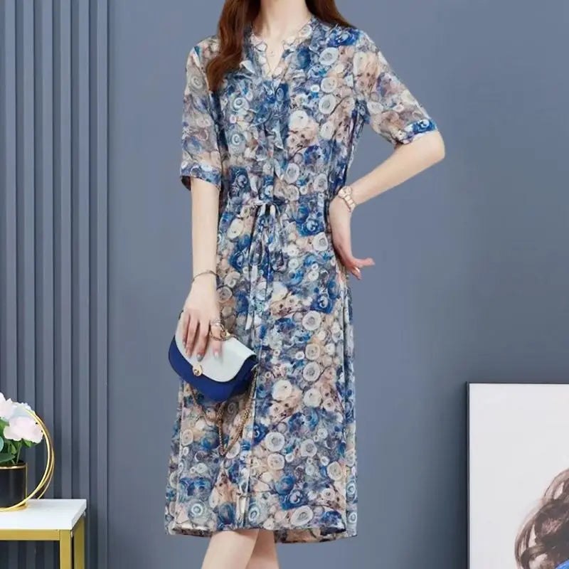 Summer Women's 2024 V Neck Patchwork Print Fashion Slim Fit Sashes Ruffles Elegant All Match Office Lady Short Sleeved Dresses