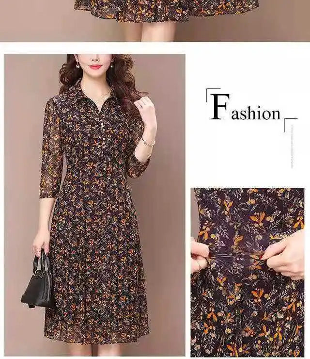 Long Sleeve Dress Women Floral Print Elegant Turndown Collar Summer Female Clothing Slim All-match Casual Button Midi Dress Robe