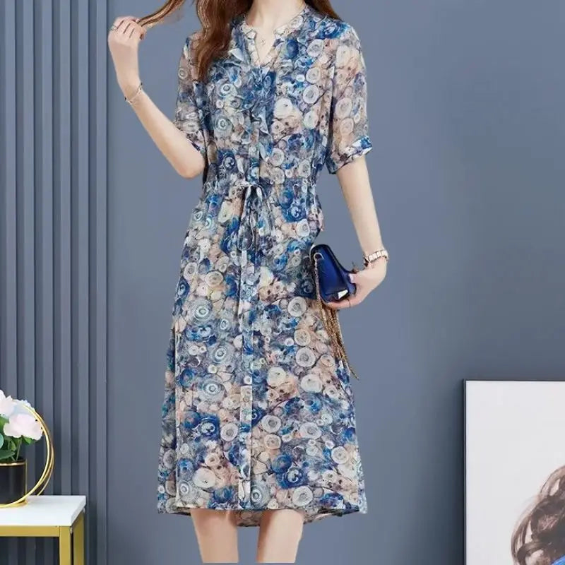 Summer Women's 2024 V Neck Patchwork Print Fashion Slim Fit Sashes Ruffles Elegant All Match Office Lady Short Sleeved Dresses