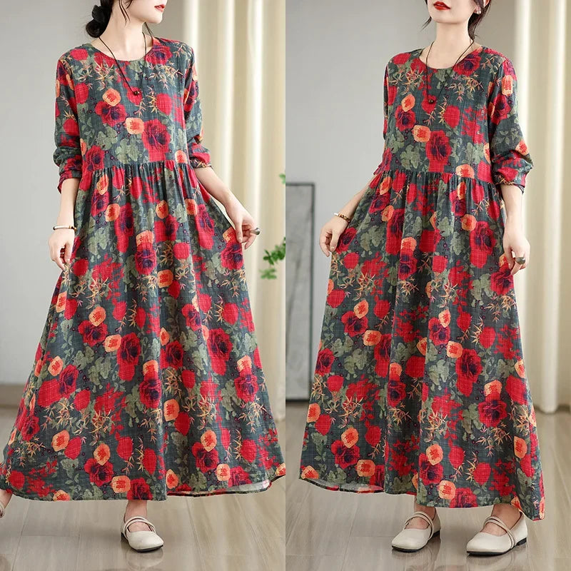 Large Size Autumn New Retro Gentle Vacation Cotton Linen Print Maxi Dress Full Sleeve round Neck Loose Waist Ankle Length