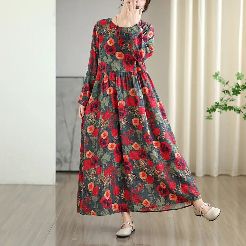 Large Size Autumn New Retro Gentle Vacation Cotton Linen Print Maxi Dress Full Sleeve round Neck Loose Waist Ankle Length