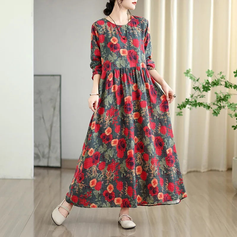 Large Size Autumn New Retro Gentle Vacation Cotton Linen Print Maxi Dress Full Sleeve round Neck Loose Waist Ankle Length