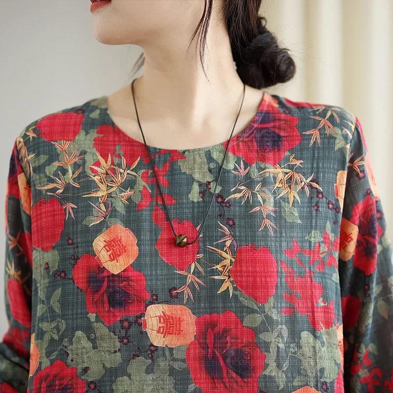 Large Size Autumn New Retro Gentle Vacation Cotton Linen Print Maxi Dress Full Sleeve round Neck Loose Waist Ankle Length