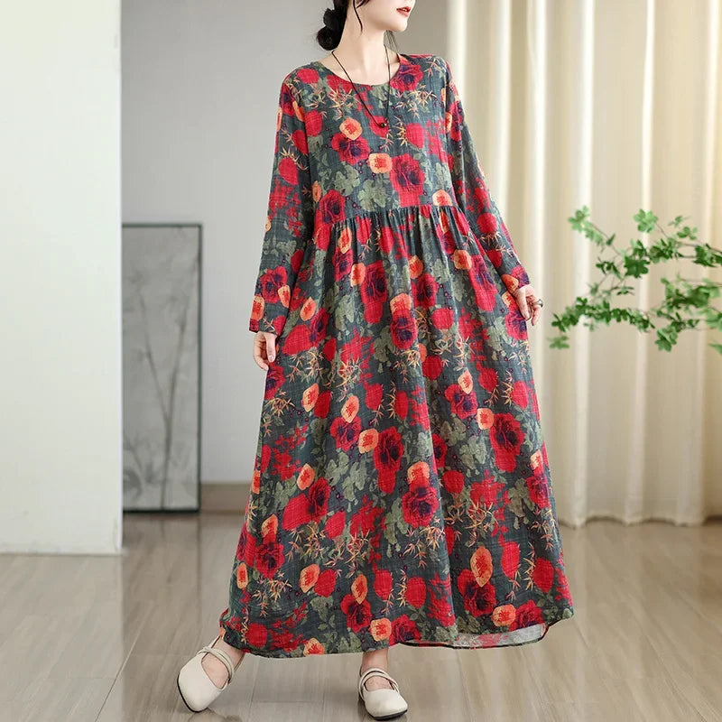 Large Size Autumn New Retro Gentle Vacation Cotton Linen Print Maxi Dress Full Sleeve round Neck Loose Waist Ankle Length