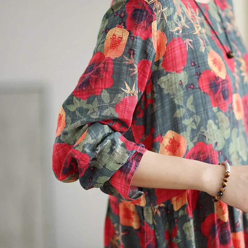 Large Size Autumn New Retro Gentle Vacation Cotton Linen Print Maxi Dress Full Sleeve round Neck Loose Waist Ankle Length