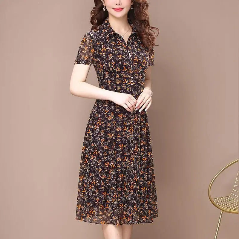 Long Sleeve Dress Women Floral Print Elegant Turndown Collar Summer Female Clothing Slim All-match Casual Button Midi Dress Robe