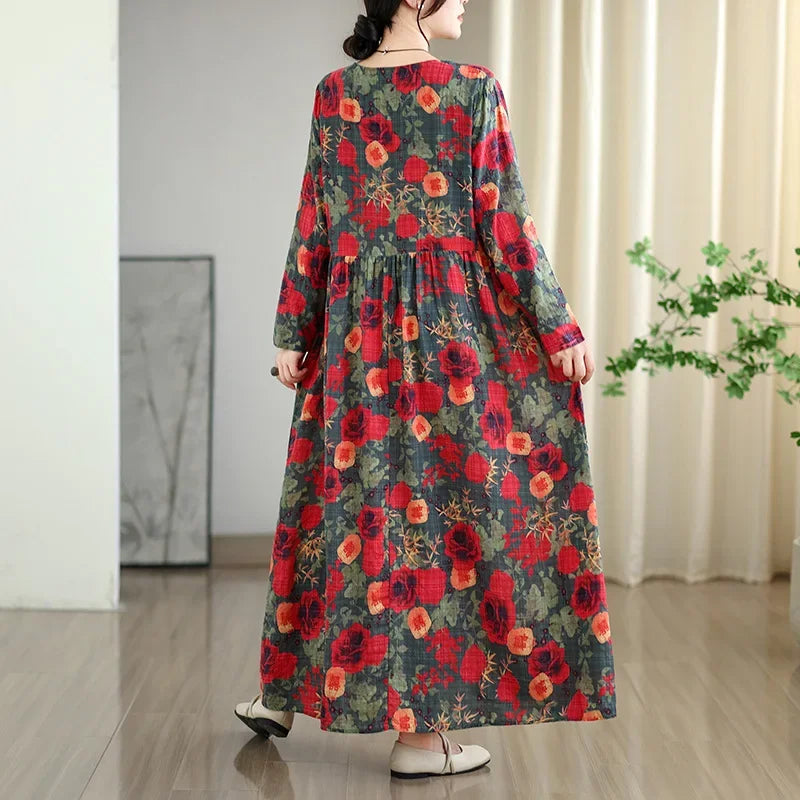 Large Size Autumn New Retro Gentle Vacation Cotton Linen Print Maxi Dress Full Sleeve round Neck Loose Waist Ankle Length