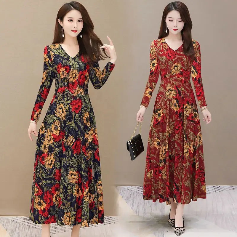 Women Vintage Ethnic Style Floral Print Slim Party Dresses Autumn Fashion V Neck High Waist Elegant Maxi Dress Long Sleeve Robe