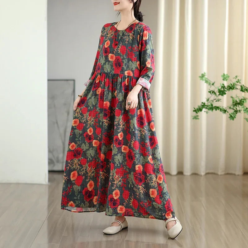Large Size Autumn New Retro Gentle Vacation Cotton Linen Print Maxi Dress Full Sleeve round Neck Loose Waist Ankle Length