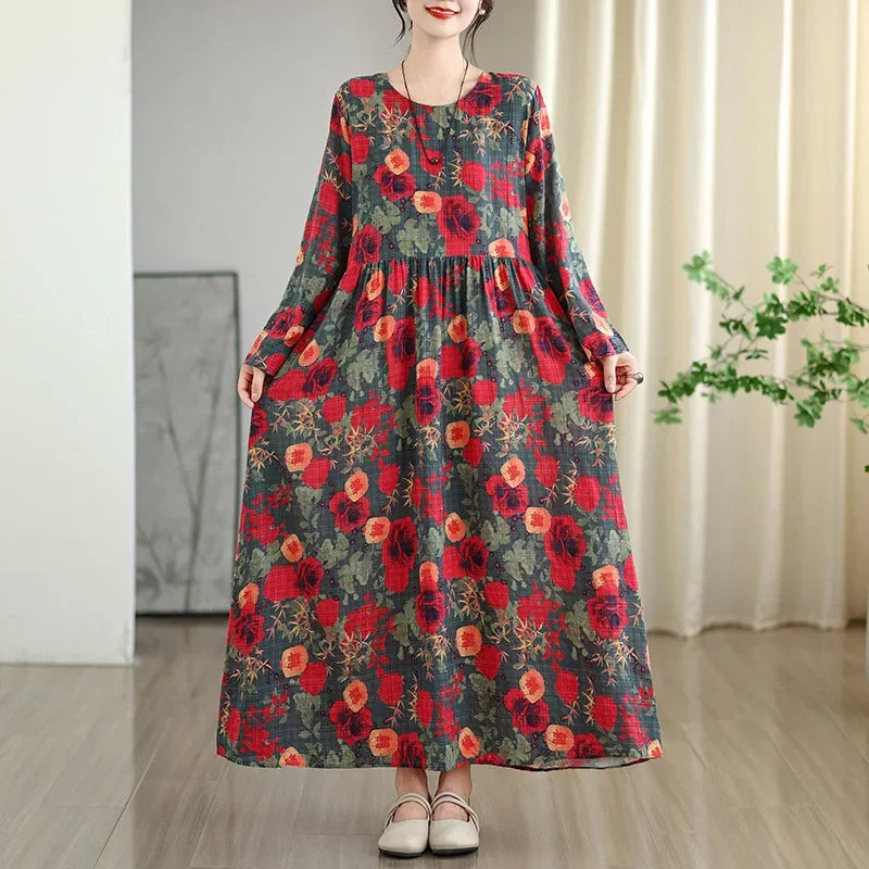 Large Size Autumn New Retro Gentle Vacation Cotton Linen Print Maxi Dress Full Sleeve round Neck Loose Waist Ankle Length