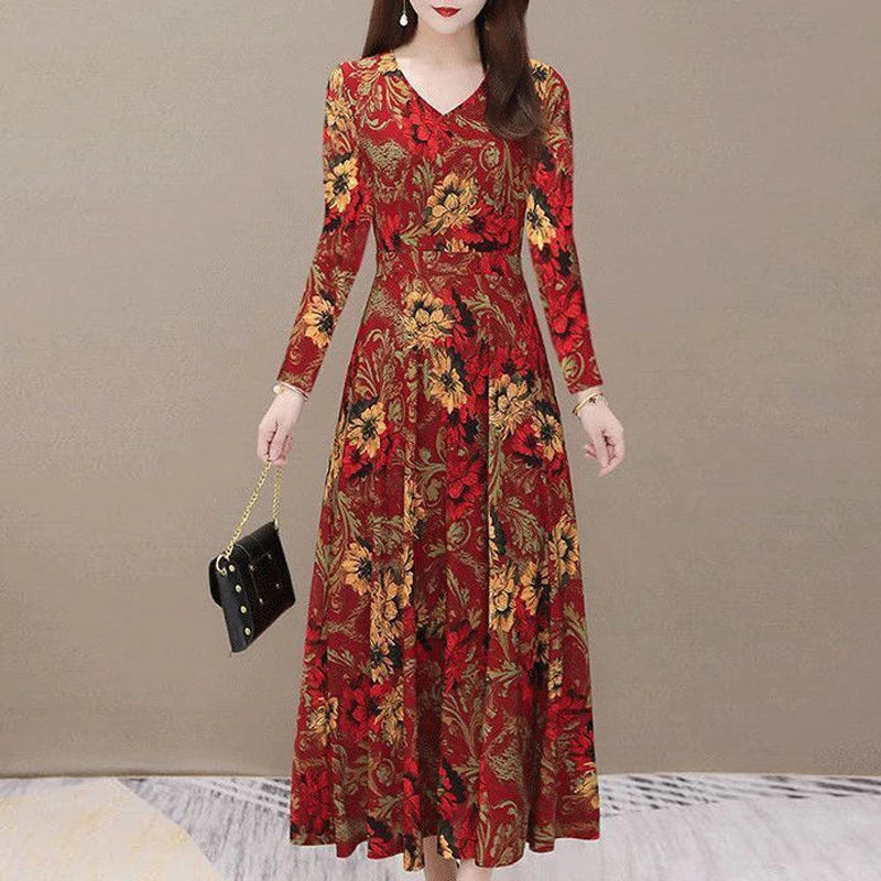 Women Vintage Ethnic Style Floral Print Slim Party Dresses Autumn Fashion V Neck High Waist Elegant Maxi Dress Long Sleeve Robe