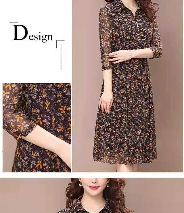 Long Sleeve Dress Women Floral Print Elegant Turndown Collar Summer Female Clothing Slim All-match Casual Button Midi Dress Robe
