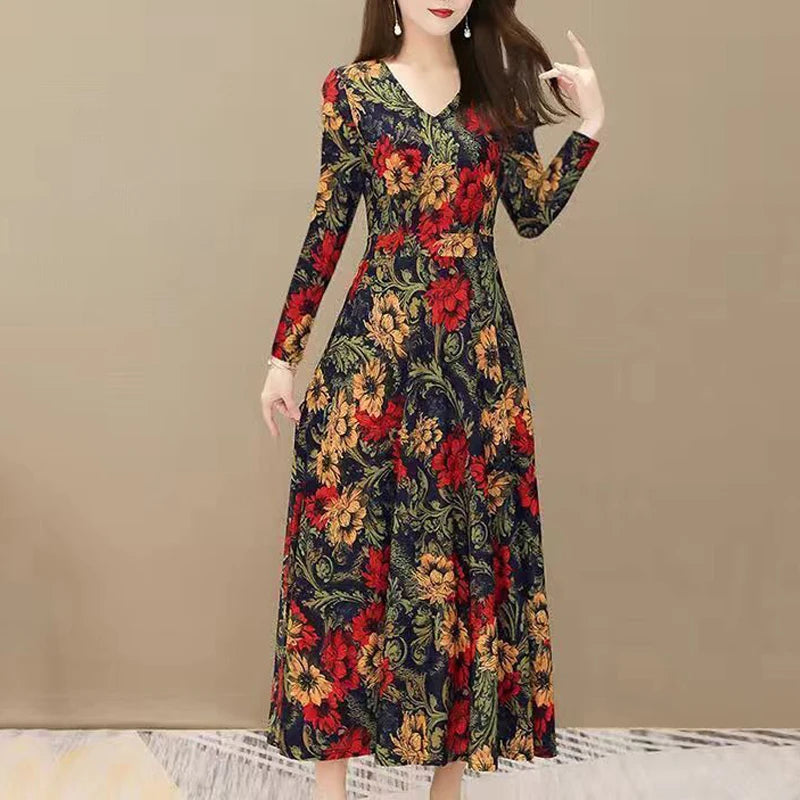 Women Vintage Ethnic Style Floral Print Slim Party Dresses Autumn Fashion V Neck High Waist Elegant Maxi Dress Long Sleeve Robe