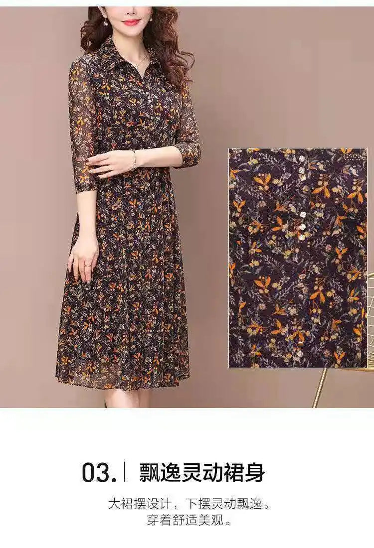 Long Sleeve Dress Women Floral Print Elegant Turndown Collar Summer Female Clothing Slim All-match Casual Button Midi Dress Robe