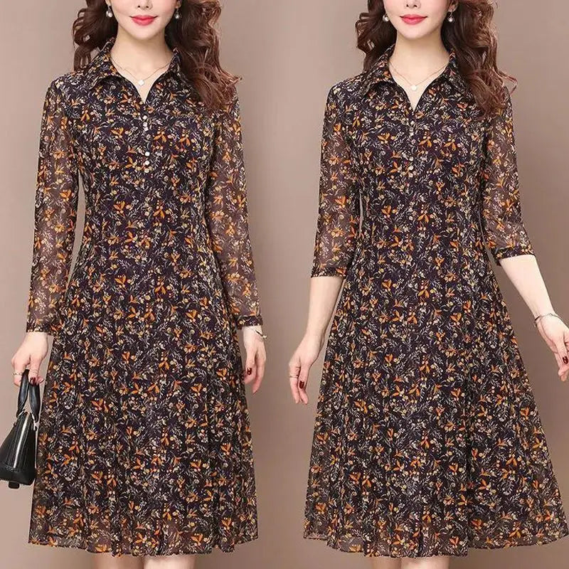 Long Sleeve Dress Women Floral Print Elegant Turndown Collar Summer Female Clothing Slim All-match Casual Button Midi Dress Robe