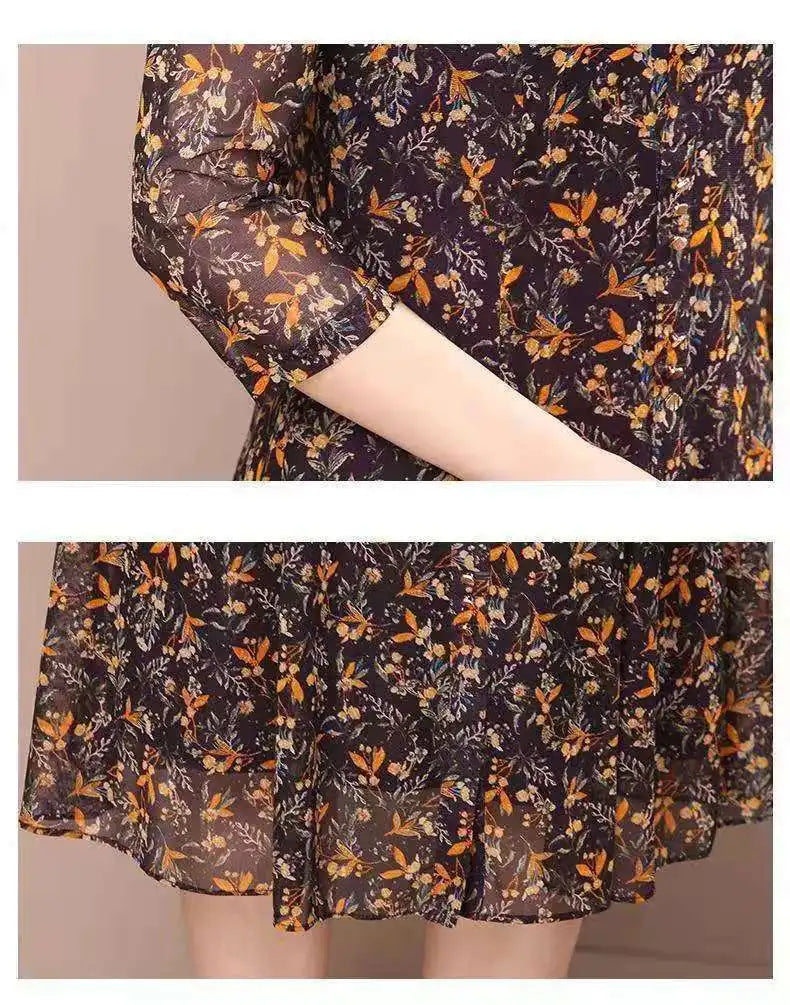 Long Sleeve Dress Women Floral Print Elegant Turndown Collar Summer Female Clothing Slim All-match Casual Button Midi Dress Robe