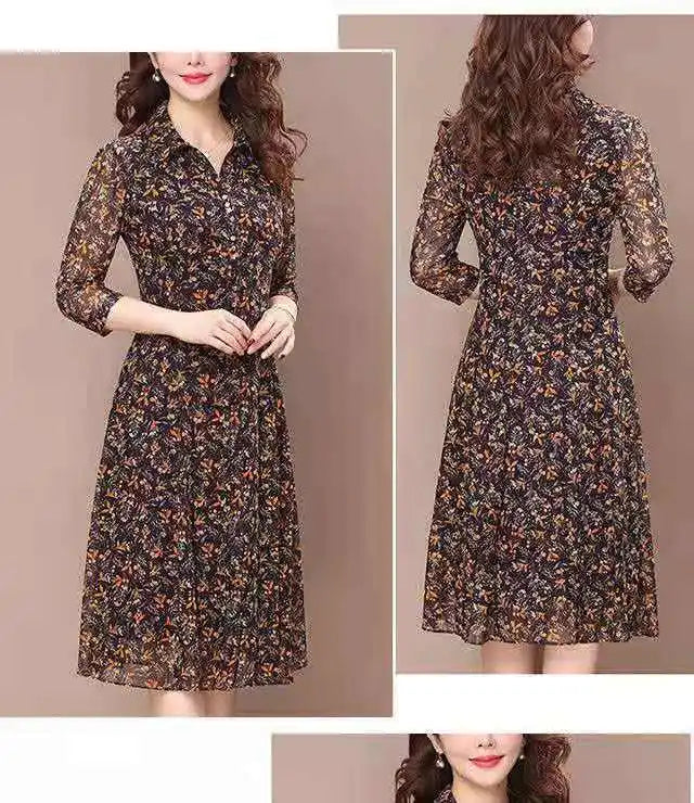 Long Sleeve Dress Women Floral Print Elegant Turndown Collar Summer Female Clothing Slim All-match Casual Button Midi Dress Robe