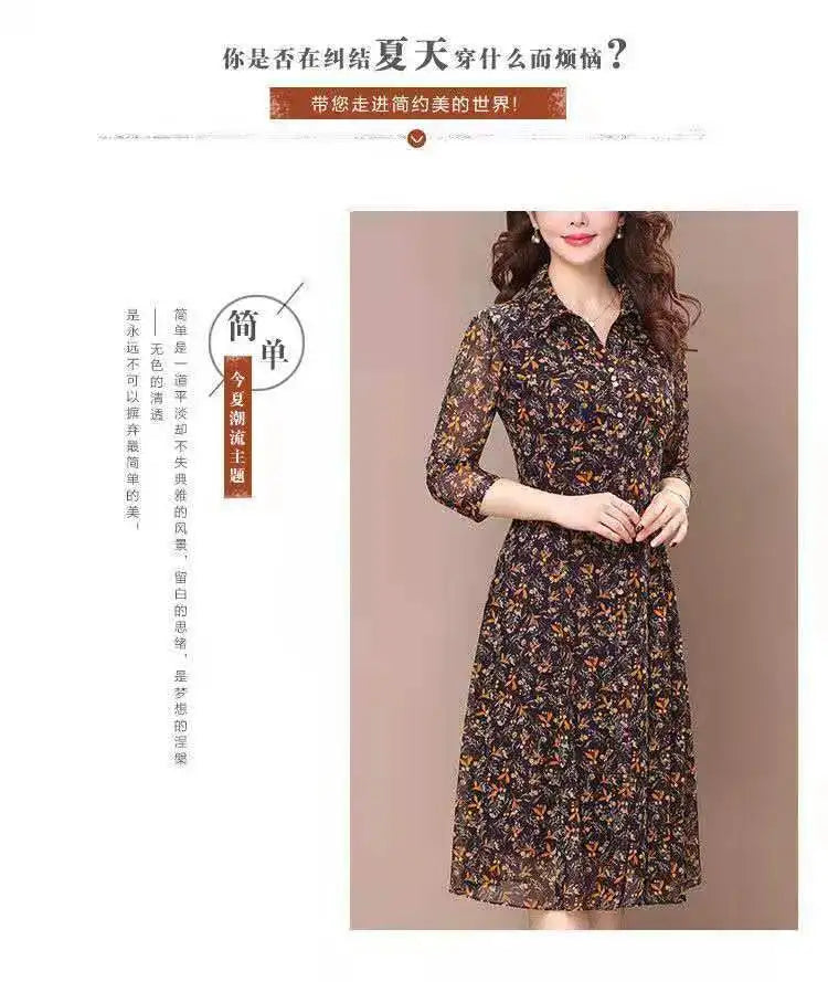 Long Sleeve Dress Women Floral Print Elegant Turndown Collar Summer Female Clothing Slim All-match Casual Button Midi Dress Robe