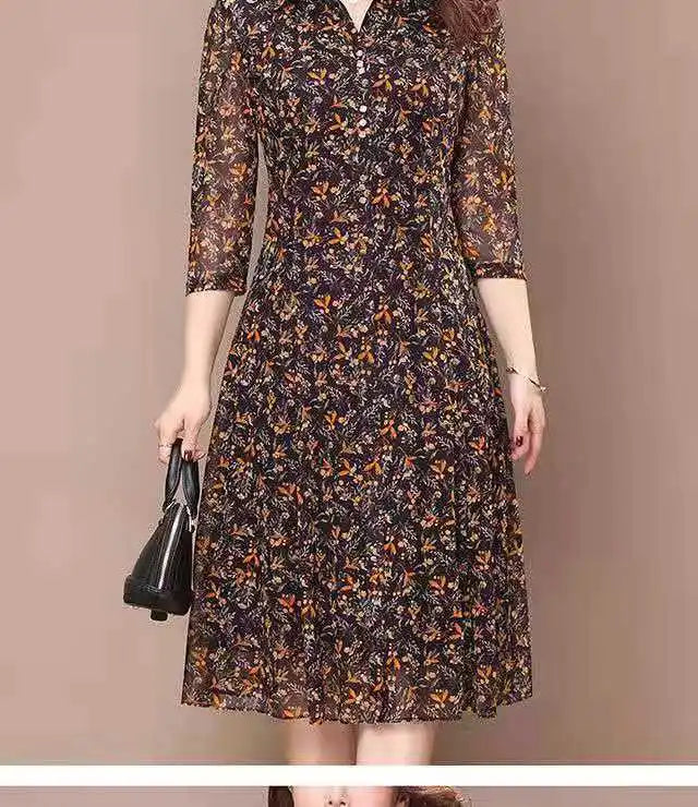 Long Sleeve Dress Women Floral Print Elegant Turndown Collar Summer Female Clothing Slim All-match Casual Button Midi Dress Robe