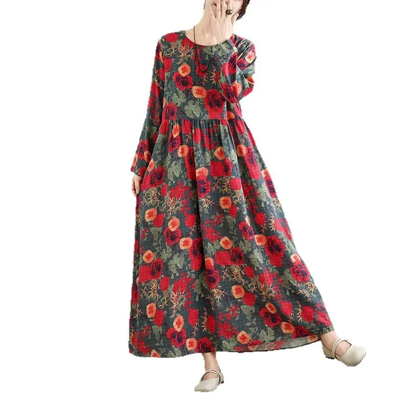 Large Size Autumn New Retro Gentle Vacation Cotton Linen Print Maxi Dress Full Sleeve round Neck Loose Waist Ankle Length